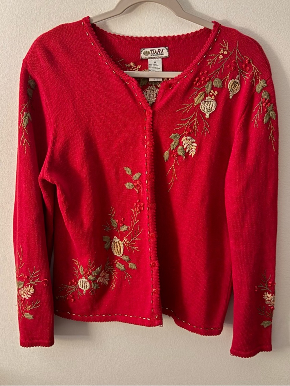 Vintage Tiara Embroidery Holiday Cardigan Sweater Beaded Sz M Botanical